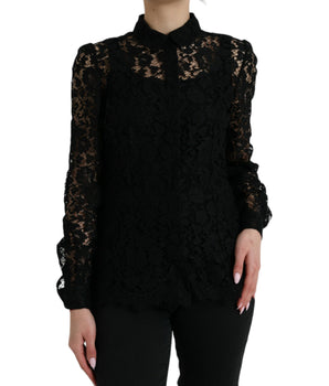 Dolce & Gabbana Black Floral Lace Long Sleeves Blouse Top