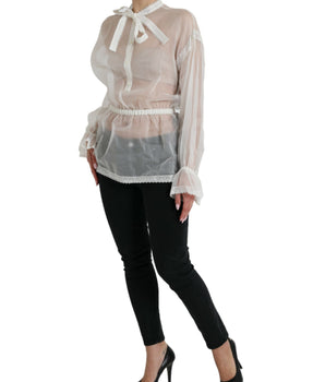 Dolce &amp; Gabbana White Silk Long Sleeves Ascot Collar Top
