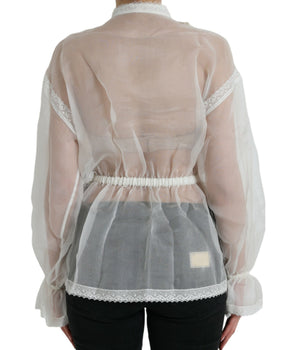 Dolce &amp; Gabbana White Silk Long Sleeves Ascot Collar Top