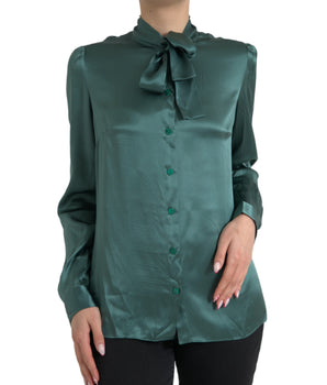 Dolce & Gabbana Dark Green Silk Ascot Collar Blouse Top
