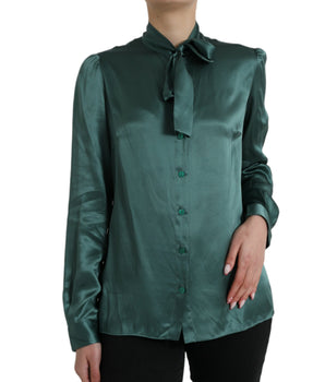 Dolce & Gabbana Dark Green Silk Ascot Collar Blouse Top