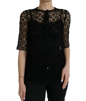 Dolce & Gabbana Black Floral Lace Short Sleeves Blouse Top