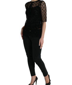 Dolce & Gabbana Black Floral Lace Short Sleeves Blouse Top