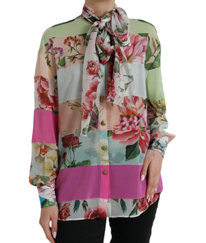 Dolce & Gabbana Multicolor Floral Patchwork Ascot Collar Top