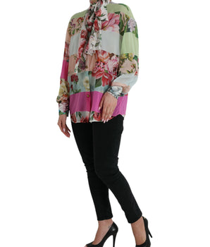 Dolce & Gabbana Multicolor Floral Patchwork Ascot Collar Top