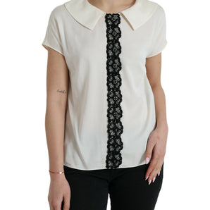 Dolce & Gabbana Elegant Off-White Lace-Trim Silk Blouse