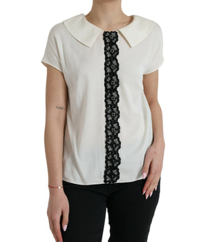 Dolce & Gabbana Off White Silk Lace Trim Short Sleeves Top