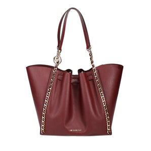 Michael Kors Bolso tote grande Mina de cuero color cereza oscuro con incrustaciones de cadena y cinturón