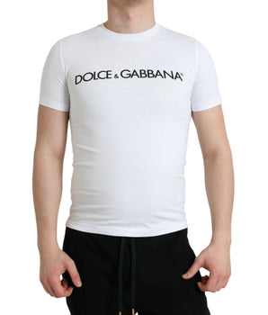 Dolce &amp; Gabbana White Logo Print Cotton Crew Neck T-Shirt