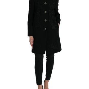 Dolce & Gabbana Elegant Floral Buttoned Wool Trench Coat