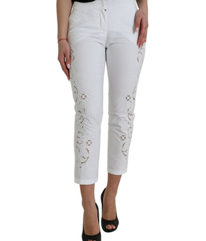 Dolce & Gabbana White Cut Out Cotton Mid Waist Cropped Pants