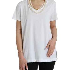 Dolce &amp; Gabbana Elegant White Cotton Tee with Necklace Detail