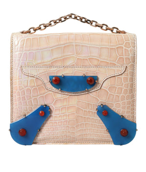 Balenciaga Beige Blue Agate Exotic Leather Gold Chain Purse Bag