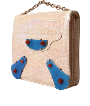 Balenciaga Beige Blue Agate Exotic Leather Gold Chain Purse Bag