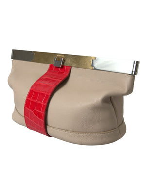 Balenciaga Beige Red Two Tone Exotic Leather Pouch Bag