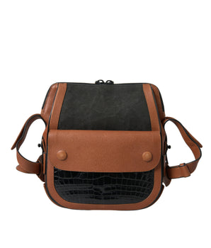 Balenciaga Black Brown Exotic Skin Leather Vertical Crossbody Purse Bag