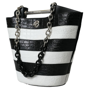 Balenciaga Black White Striped Exotic Skin Leather Maxi Bucket Tote Bag
