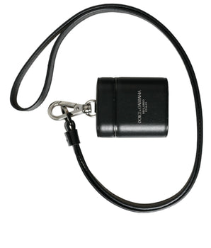 Dolce & Gabbana Black Leather Strap Silver Metal Logo Printed Airpods Case