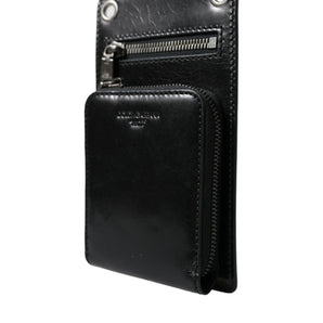 Dolce &amp; Gabbana Black Calf Leather Zip Logo Shoulder Neck Strap Wallet