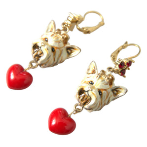 Dolce & Gabbana Gold Brass Heart Dog Red Crystal Dangling Earrings