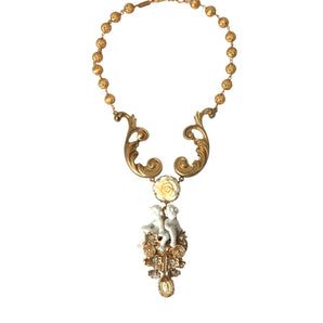 Dolce & Gabbana Gold Brass Angel Floral Beaded Embellished Necklace