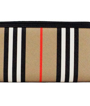 Burberry Ellerby Black Leather Icon Stripe Canvas Zip Around Continental Wallet