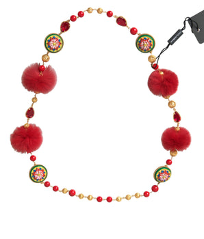 Dolce & Gabbana Gold Brass Red Fur Crystal Carretto Chain Necklace
