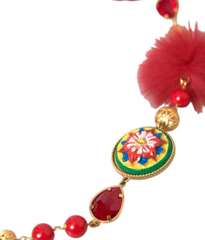 Dolce & Gabbana Gold Brass Red Fur Crystal Carretto Chain Necklace