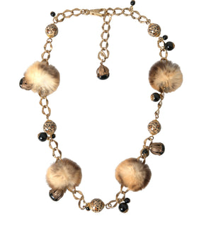 Dolce & Gabbana Gold Brass Leopard Fur Pearl Collier Chain Belt