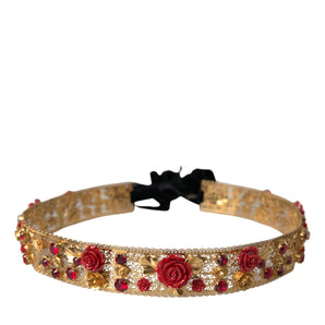 Dolce &amp; Gabbana Gold Brass Red Roses Crystal Jewel Waist Belt