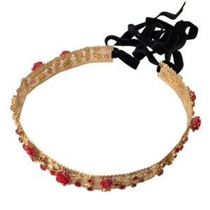 Dolce &amp; Gabbana Gold Brass Red Roses Crystal Jewel Waist Belt