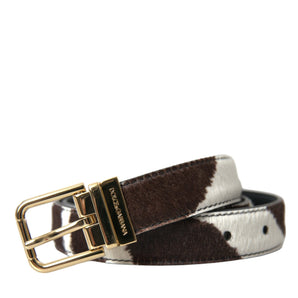 Dolce &amp; Gabbana Brown White Zebra Pony Hair Gold Buckle Belt