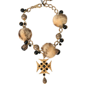 Dolce &amp; Gabbana Gold Black Crystals Lapin Fur Filigree Chocker Necklace