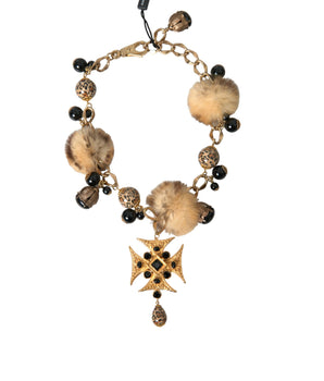 Dolce & Gabbana Gold Black Crystals Lapin Fur Filigree Chocker Necklace