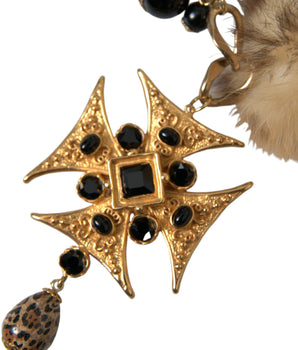 Dolce & Gabbana Gold Black Crystals Lapin Fur Filigree Chocker Necklace