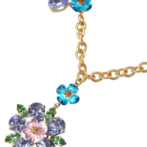 Dolce &amp; Gabbana Gold Brass Chain Crystal Floral Pendant Charm Necklace