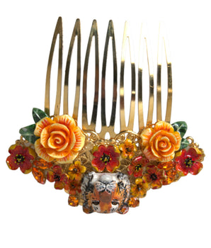 Dolce & Gabbana Gold Brass Crystal Leopard Floral Hair Comb
