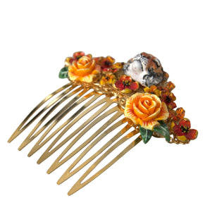 Dolce &amp; Gabbana Gold Brass Crystal Leopard Floral Hair Comb