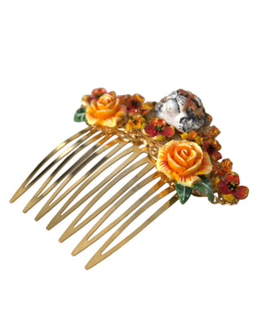 Dolce & Gabbana Gold Brass Crystal Leopard Floral Hair Comb
