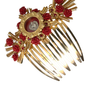 Dolce &amp; Gabbana Gold Brass Crystal Heart Floral Hair Comb