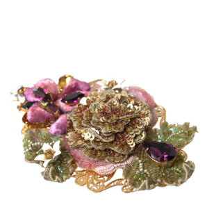 Dolce &amp; Gabbana Gold Brass Floral Crystal Sequined Hair Clip