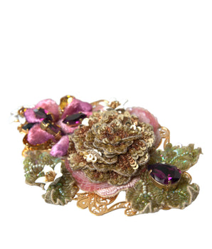 Dolce & Gabbana Gold Brass Floral Crystal Sequined Hair Clip