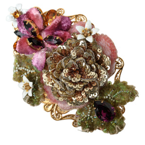 Dolce &amp; Gabbana Gold Brass Floral Crystal Sequined Hair Clip