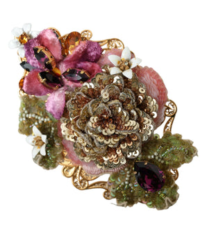 Dolce & Gabbana Gold Brass Floral Crystal Sequined Hair Clip
