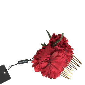 Dolce & Gabbana Red Silk Floral Gold Brass Women Hair Comb