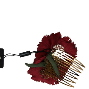 Dolce & Gabbana Red Silk Floral Gold Brass Women Hair Comb