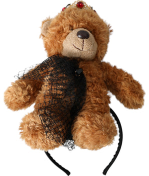 Dolce & Gabbana Brown Teddy Bear Gold Crystal Crown Hair Band Diadem