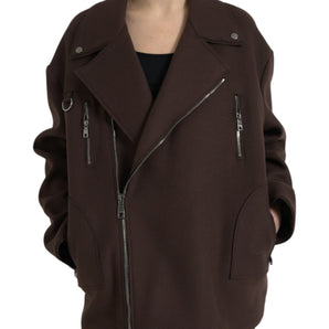 Dolce & Gabbana Brown Coat Short Biker Wool Jacket