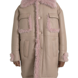 Dolce &amp; Gabbana Beige Pink Lamb Leather Shearling Coat Jacket