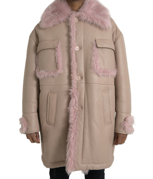 Dolce & Gabbana Beige Pink Lamb Leather Shearling Coat Jacket